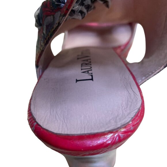Laura Vita Women’s Red Floral Pattern Leather Open Toe Bow Accent Heels Size 10 - Picture 9 of 11